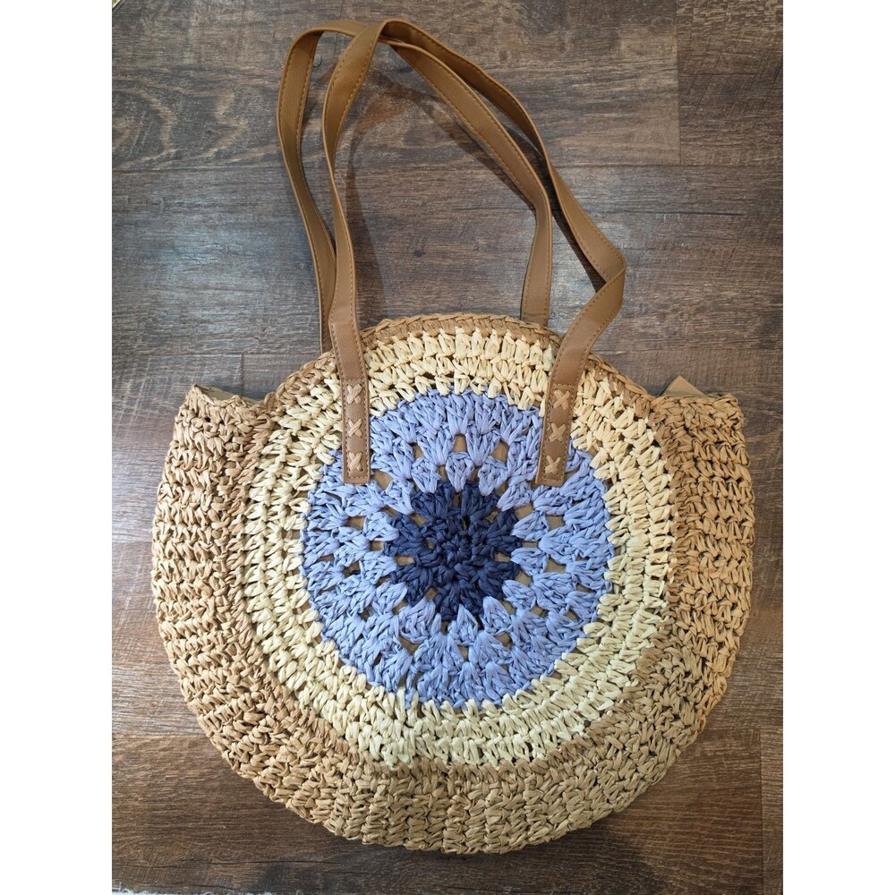 Beige Blue Woven Round Tote Bag Faux Leather Shoulder Strap Women Beach Casual